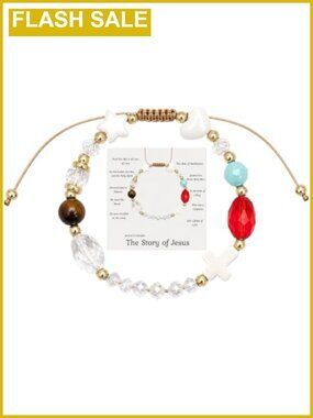 Story of Jesus Beaded Bracelet Crystal Wood Cross Adjustable Cord Faith